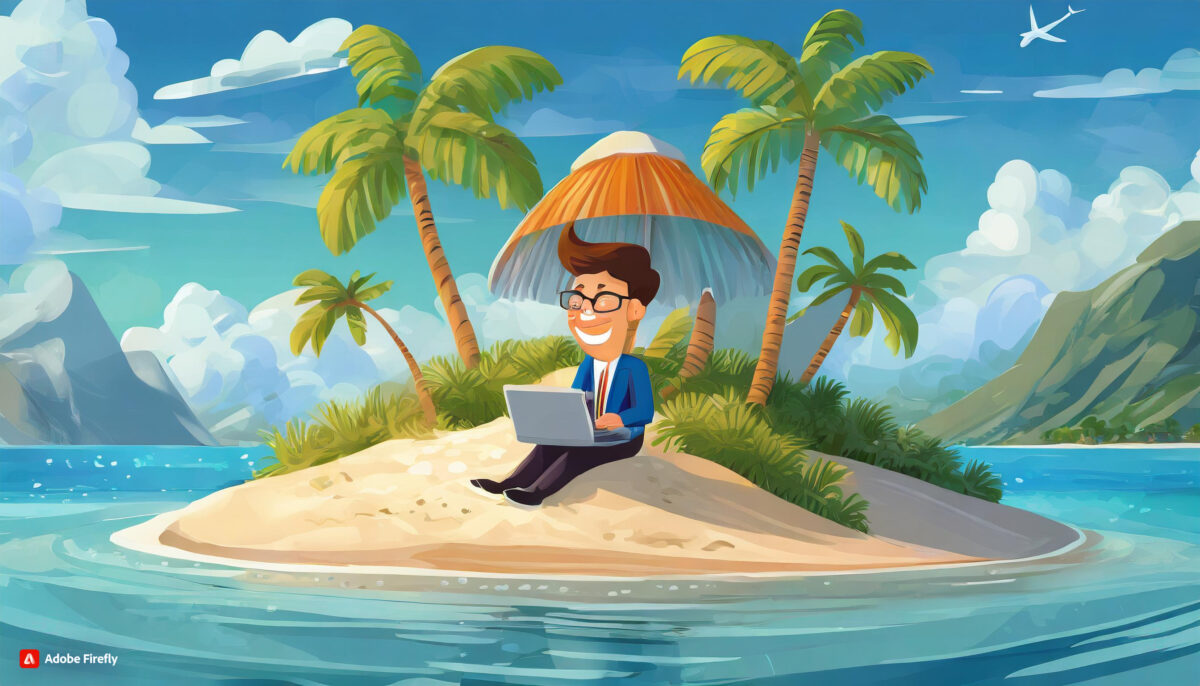 Cartoon PC Mensch auf einsamer Insel in der Karibik